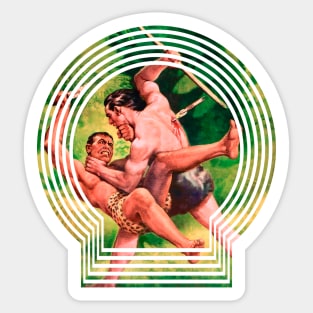 two muscular men fight with spears in the jungle retro comic book Sticker